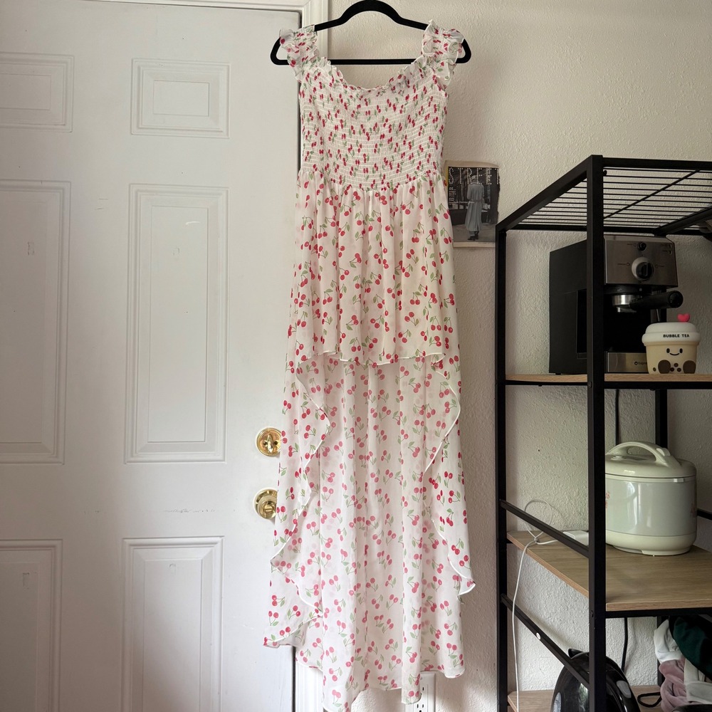 CAROLINE CONSTAS white cherry fruit print semi sheer hi lo mini maxi dress